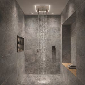 Grijze muurtegels badkamer